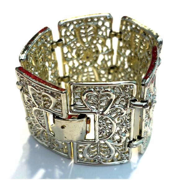 Vintage 1970's bracelet wide silvertone filigree panels mod chunky chain link - Picture 5 of 6